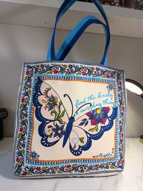 Brighton Cream Canvas Tote with Blue Butterfly and Floral Trim
15X16